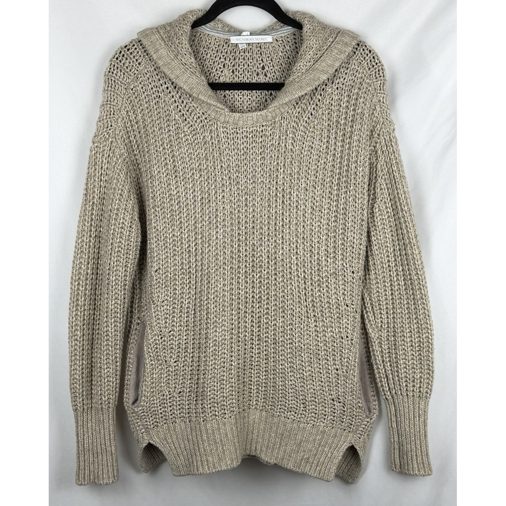 Victoria's Secret Oversized Chunky Knit Hooded Sweater Tan Wool Alpaca Blend M/L